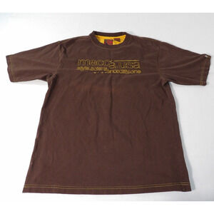 Vtg Mecca USA Style Scienz Scine Day One T Shirt Size XL Brown Y2K Embroidered